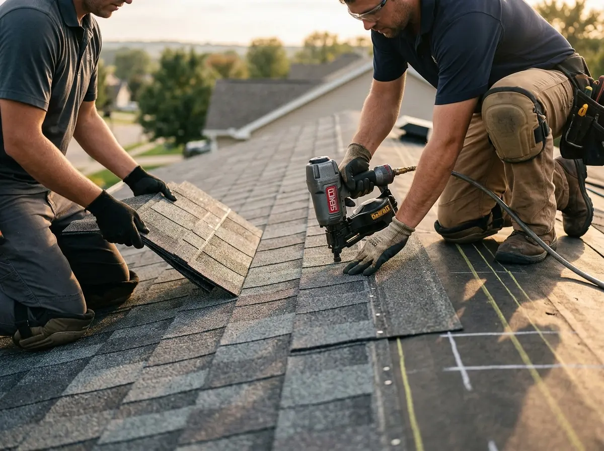 Professional roofer working on a residential roof in Plum